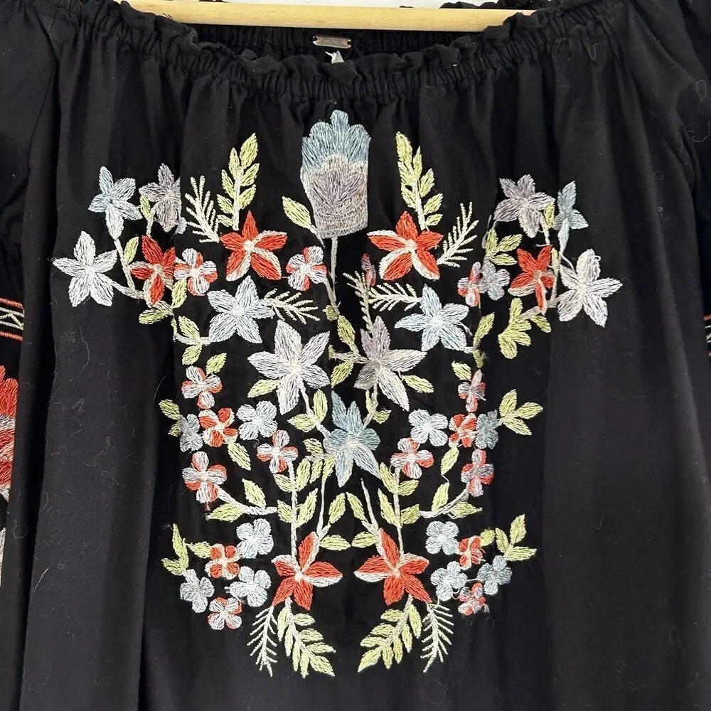 Free People Fleur Du Jour Mini Dress XS Black Floral Embroidered Off Shoulder